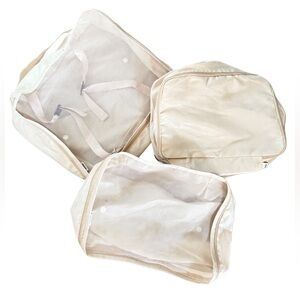 Set of three various sizes beige zippered nylon Mesh Packing Cubes for travel